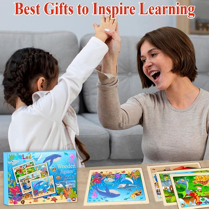 Wooden Puzzles for Kids Ages 4-6, 4 Pack with 24 Pieces Dinosaur, Animal, Ocean, Vehicle Wooden Puzzles for Toddlers Set, Educational & Learning Puzzles, Gifts for 3 4 5 6 Year Old Boys Girls