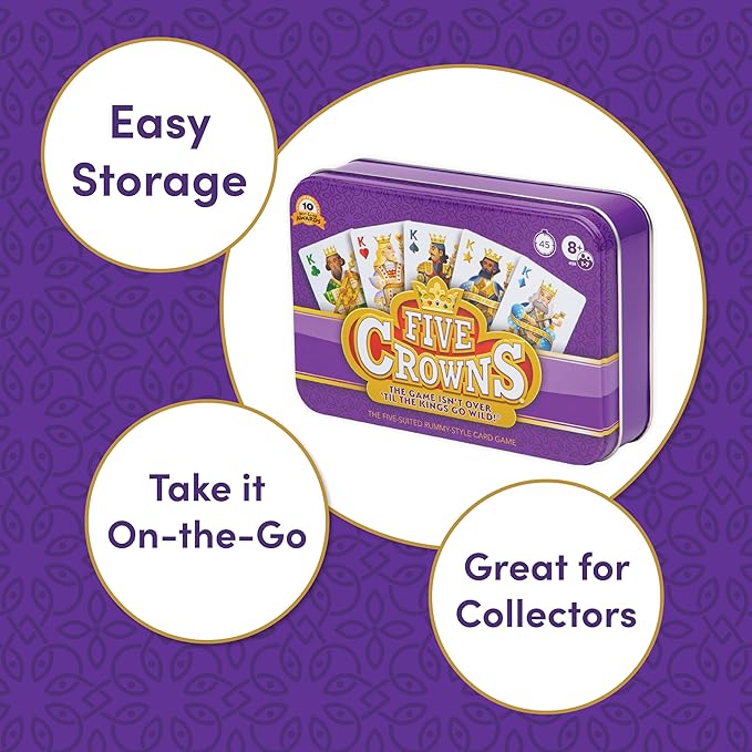 Five Crowns Collectible Tin – Card Game for Kids and Adults, Family Game Night, The Game isn’t Over Until the Kings Go Wild, 5 Suited Rummy Style Card Game, 1-7 Players, Ages 8+