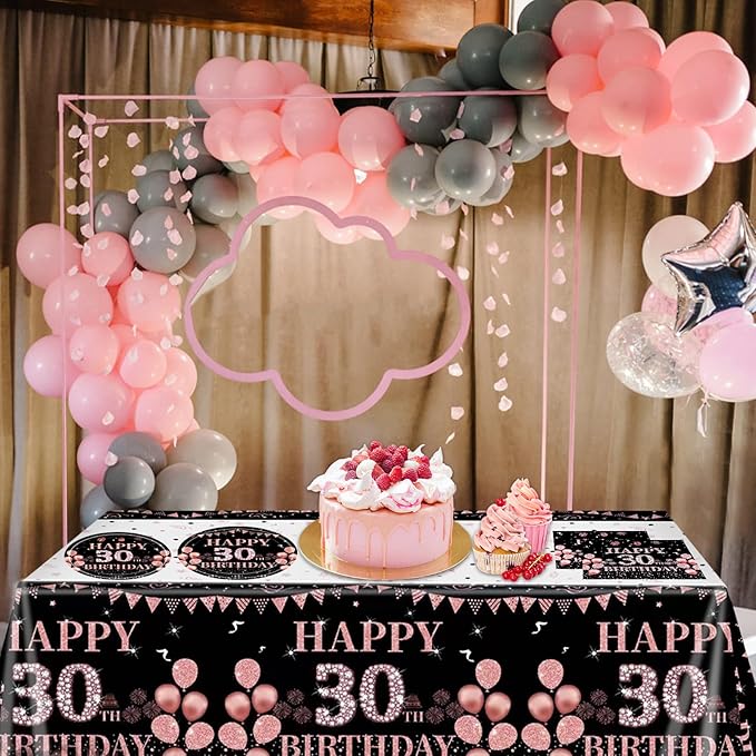 62Pcs 30th Birthday Decorations for Girls Her, Rose Gold Birthday Party Supplies Include 20 7''Plates 20 9'' Plates 20 Napkins and 2 Tablecloth, Rose Gold Princess Party Tableware for 20 Guests