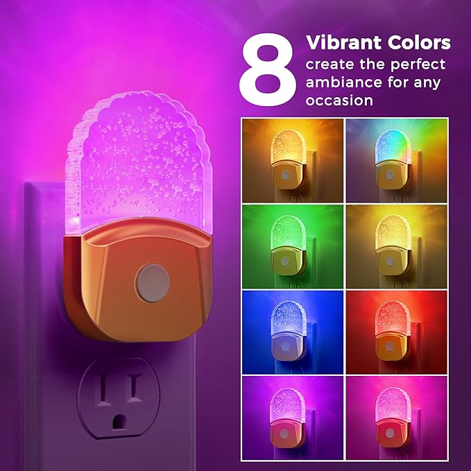 Briignite Night Lights Plug into Wall, 2 Pack, 8 Color Changing Night Light Room Decor, RGB LED Nightlight witih Dusk to Dawn Sensor for Kids Bedroom, Bedroom, Hallway, Gold Cover