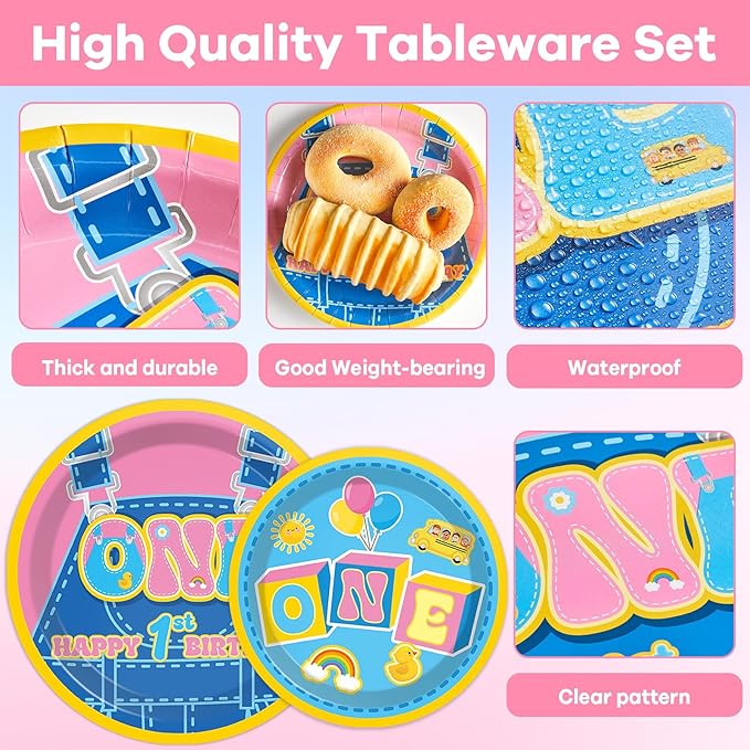 96Pcs Cartoon Girls 1st Birthday Plates and Napkins English Teacher One Year Old Decor Pink Blue Paper Dessert Cake Plates Teacher Party Tableware Set for Girls First Birthday Supply 24 Guests