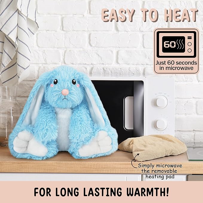 Bunny Microwavable Stuffed Animal – 1.5 lb Unscented Heating Pad Plush, Soft Cozy Bunny Toy for Relaxation and Comfort, Gift for Women, Girls, Adults & Kids by Happy Fuel, Blue