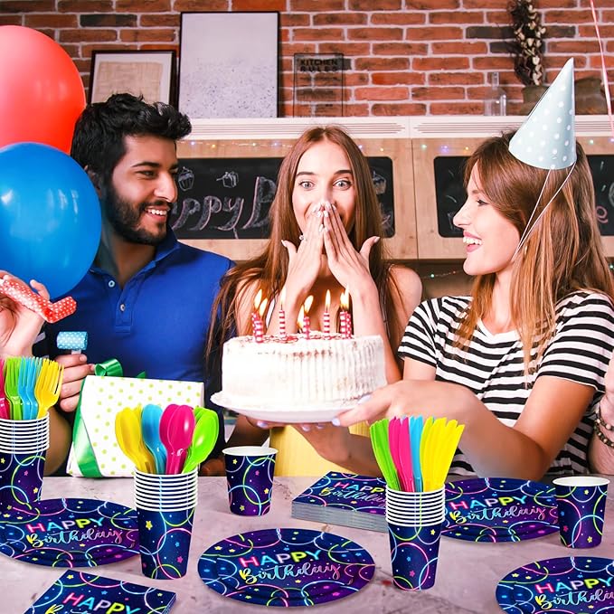 Meanplan Serves 24 Guests Neon Happy Birthday Party Plates and Napkins Neon Glow Birthday Tableware Set Let's Glow Party Decorations for Kids Included Cups Knives Forks Spoons Total 168 Pcs