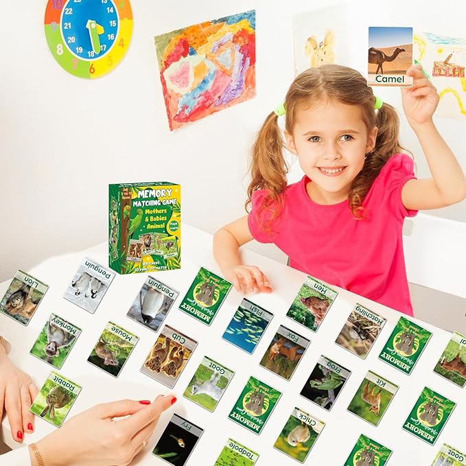 gisgfim 100 PCS Memory Matching Game Adult & Baby Animal Memory Games Educational Matching Game for Kids and Adults A Fun & Fast Animal Memories Games Toddlers Preschool Family Board Gift