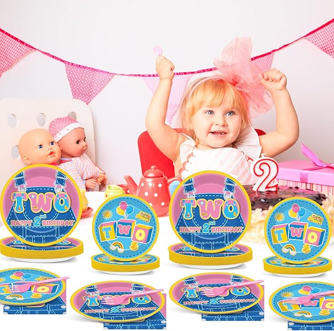 96Pcs Cartoon Girls 2nd Birthday Party Plates and Napkins Cartoon Teacher Paper Disposable Dessert Plates English Teacher Two Year Old Tableware Set for Girls Second Birthday Supplies Serves 24 Guests