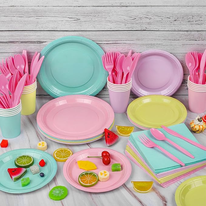 durony 192 Pcs Pastel Party Supplies Paper Plates Cups Napkins Macaron Color Pink Cutlery Plastic Forks Knives Spoons Disposable Tableware for Birthday Baby Shower Wedding Decorations Serve 24 Guests