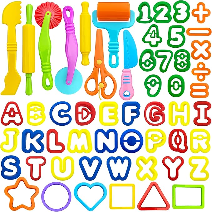 iShyan Dough Tools 55 PCS Dough Play Tools Set for Kids, Plastic Alphabet Numbers Shapes Cutters, Rollers, Scissors