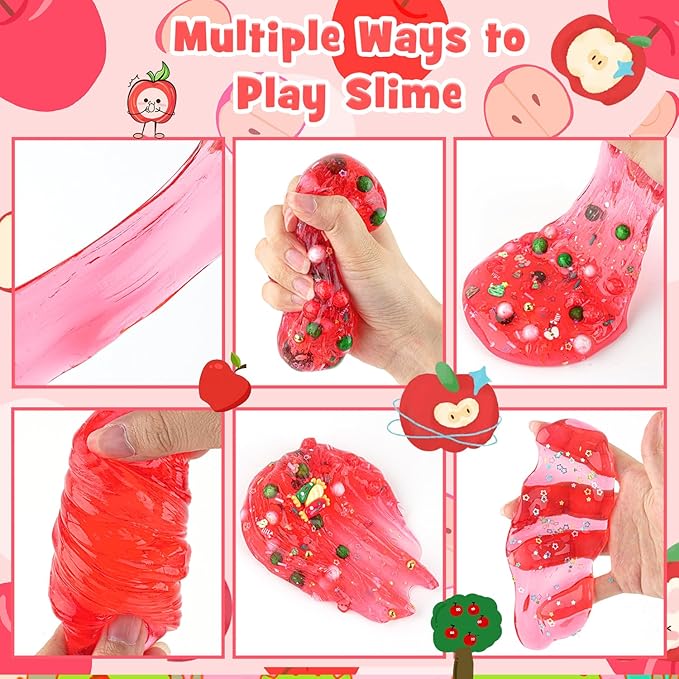LAWOHO 300ml Apple Clear Slime with Clay, Red Slime Kit for Girls & Boys with 9 Packs Cute Add-Ins for Kids Party Favors, Non Stick Slime Making Kit for Birthday Halloween Christmas Easter Gifts