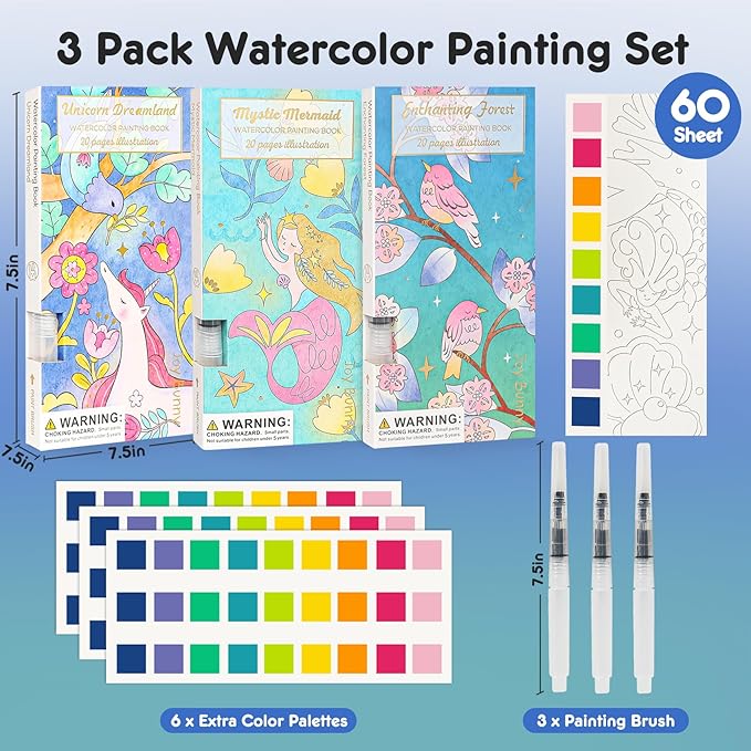 3pack Watercolor Painting Coloring Books, Paint with Water Arts & Crafts Kit for Kids, Pocket Watercolor Paint Bookmarks, Class Activities Art Supplies Party Favors Birthday Gift for Boys and Girls