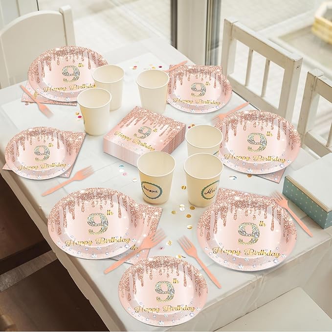96 Pcs Rose Gold 9th Birthday Party Plates and Napkins for Girls Rose Gold Party Supplies Pink Happy 9 Years Birthday Party Tableware Set for 24 Guests Party Decorations