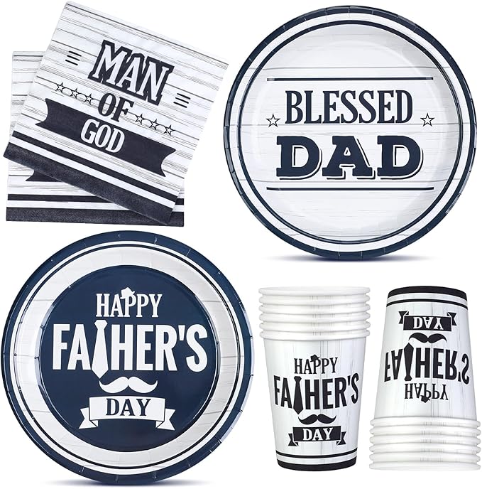 122 Pcs Happy Father's Day Plates and Napkins Set for 24 Guest Blessed Dad Paper Dessert Plates Cups and Napkin Kit Blue and White Disposable Tableware for Father Papa Grandpa Party Table Decorations