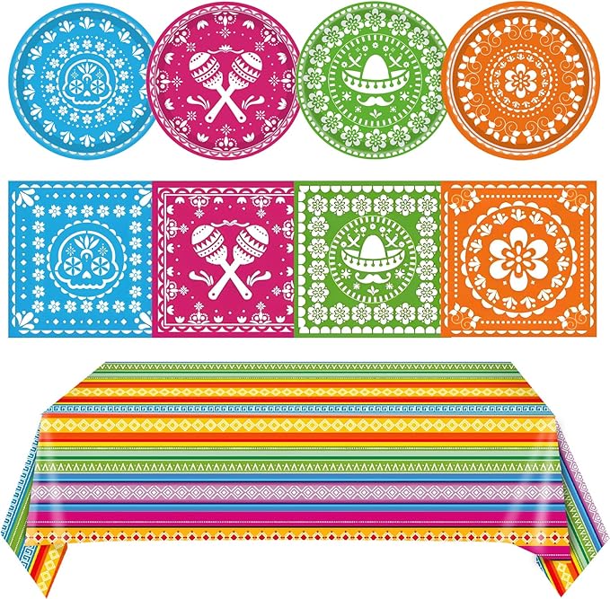 81PCS Mexican Fiesta Party Decorations Mexican Cinco De Mayo Party Decorations Supplies Mexican Disposable Paper Plates Napkins Mexico Plastic Tablecloth Fiesta Ware Dinnerware for Taco Party Decor