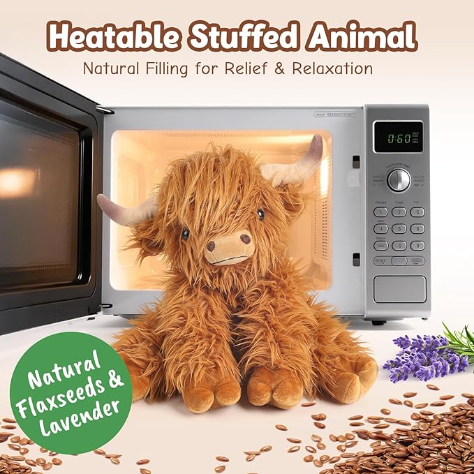 Highland Cow Stuffed Animals, Microwavable & Weighted Stuffed Animal, Highland Cow Plush for Warmth Comfort, Heatable Coolable Lavender Scent Toy, Cute Soft Plushies Gifts for Kids Boy Girl and Adults