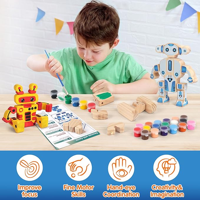 Mocoosy Wooden Robot Painting Art and Craft Kit for Kids Ages 3-5, Build & Decorate Your Own Robots with Paint & Stickers, Wood Robot STEM Game Montessoi Educational Toy Gift for Boys Girls 4-8 Years