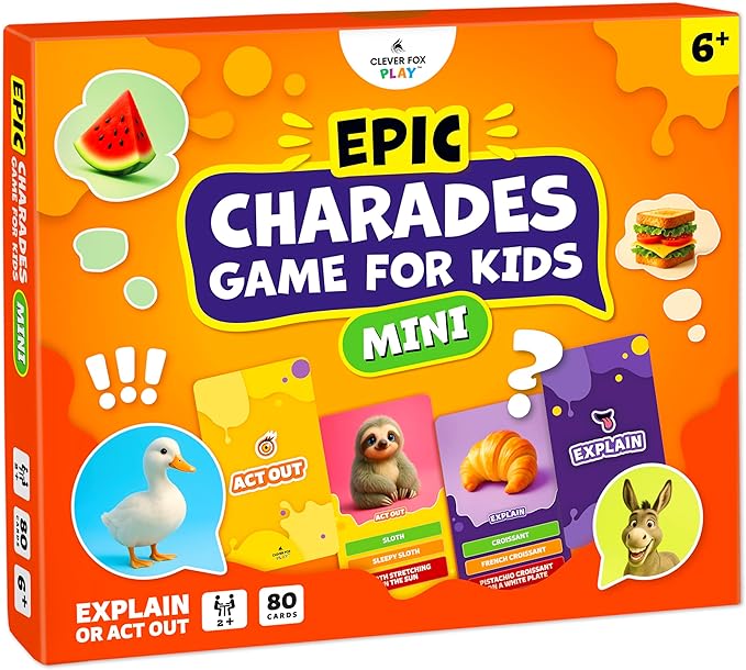 Epic Charades Mini Game for Kids Ages 6+ – Travel-Friendly Mini Edition – 80 Act Out & Explain Cards with Illustrations & Timer – Fun Educational Game for Family, Party, Classroom, Car Trips & Travel
