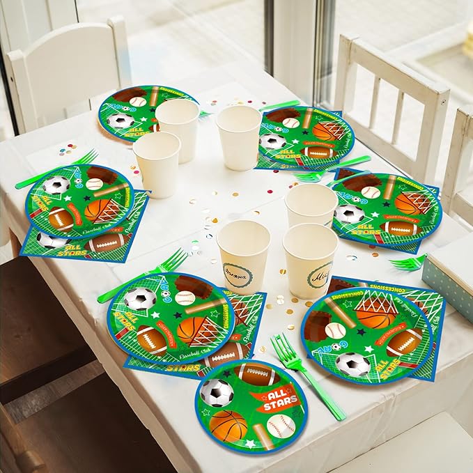 Sports Party Plates Napkins Superstar Party Tableware All Star Birthday Baseball Football Soccer Basketball Disposable Paper Plates Napkins for Boy Birthday Decoration Supplies Favors 24 Guests
