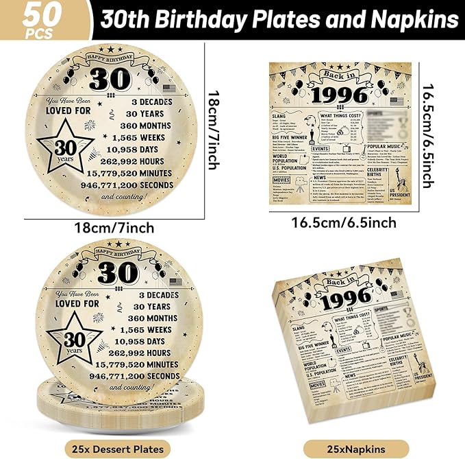 50pcs 30th Birthday Plates and Napkins Set Back in 1996 Party Tableware Supplies Vintage 30 Year Old Dessert Plates 1996 Birthday Party Decorations for 24 Guests 30th Theme Men Woman Parties Decor