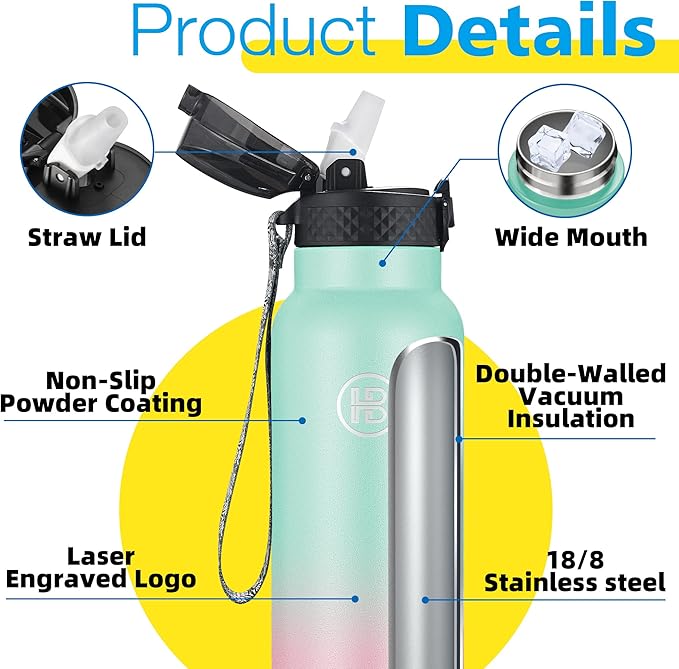 Han's Bottle Sports Water Bottle - 32 Oz, Straw Lid, Leak Proof, Vacuum Insulated Stainless Steel, Double Walled, Thermo Mug,Bubble Gum