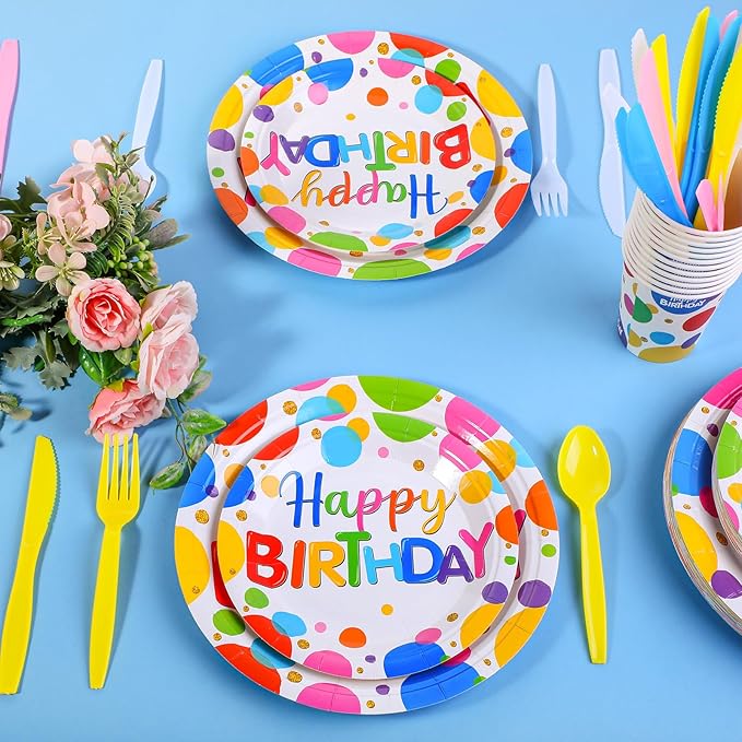 Meanplan Serves 24 Guests Happy Birthday Plates and Napkins Rainbow Polka Dot Birthday Tableware Set Rainbow Dot Party Decorations for Kids Included Cups Knives Forks Spoons Total 168 Pcs