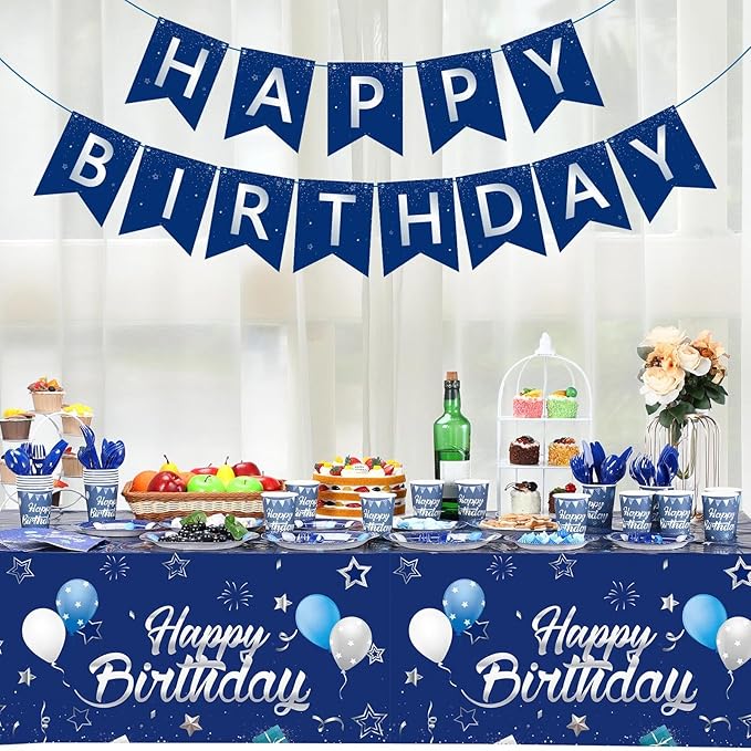 Pajean Blue Happy Birthday Party Tableware Set Birthday Decoration Banner and Tablecloths Decoration Plates Cups Napkins Dinnerware for 24 Guests Party Supplies(Blue and Silver)