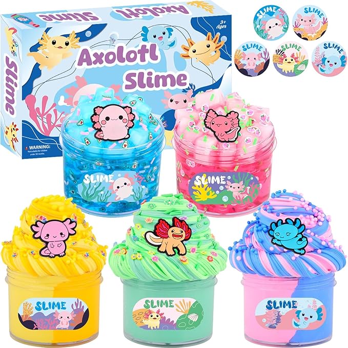 5 Pack Axolotl Crystal Butter Slime Kit, a Soft and Elastic Non Sticky Stress Relieving Toy, Suitable for Children Aged 8-12 Years Old for Classroom Parties and Gatherings