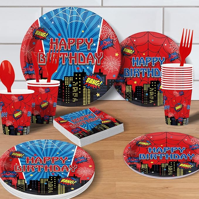 Cartoon Spider Birthday Party Supplies for Kids Child Themed Birthday Party，Red Blue Superhero Theme Party Decorations Disposable Tableware Set With Plates, Cups, Napkins & Cutlery for 24 Guests