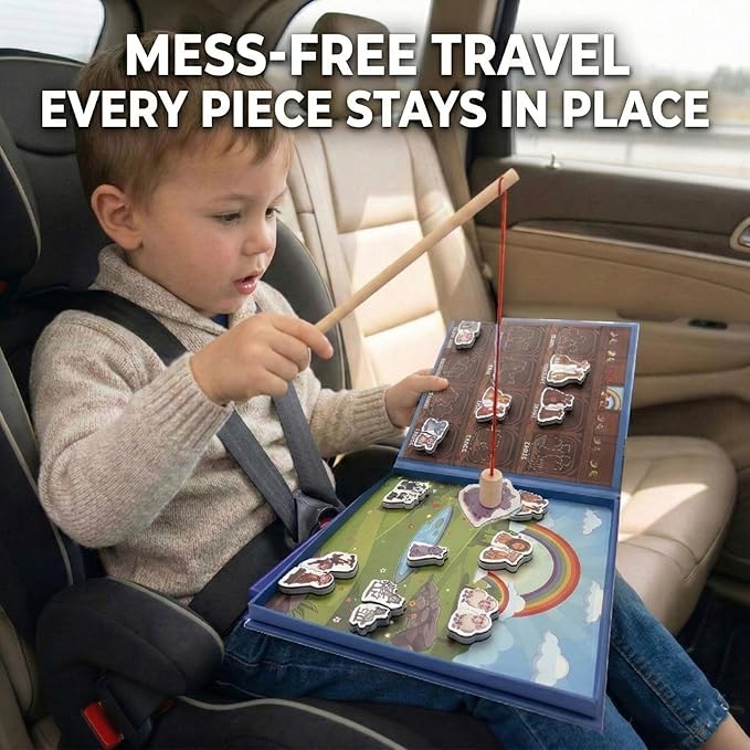 TRAVOFUN Noahs Ark Magnetic Travel Games for Kids 3-5 - Foldable 4 in 1 Busy Book, Christian Educational Toys with Fishing, Matching & Spelling,Sunday School Games & Church Activities Kids Gift