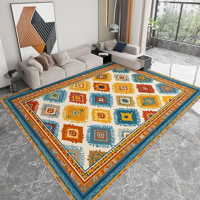 Abstract Geometric Border Washable Area Rug 7×7ft for Living Room, Bohemian Southwestern Tribes Soft Bedroom Rug, Low Pile Non-Slip Floor Carpet for Dining Room Nursery Home Office