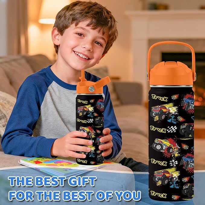 Truck Gifts for Kids - 18 Oz Kids Water Bottle with Straw Lid, Stainless Steel Insulated Tumbler, Leak Proof, BPA-Free, for Girls, School, Travel - Truck Lovers Children Birthday Gifts Cups(1pc)