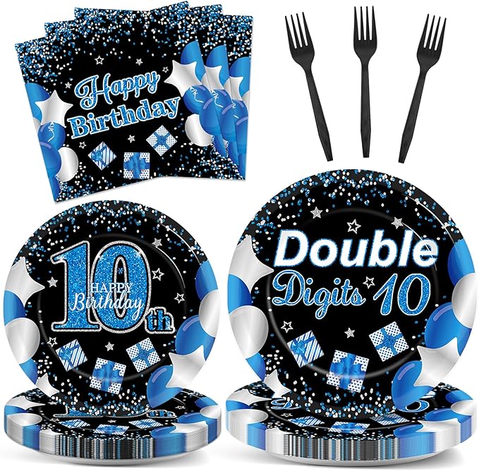 Qyeahkj 100 Pcs 10th Birthday Decorations for Boys Official Teen 10th Supplies Plate Napkin Forks Set Disposable Blue 10th Birthday Tableware Paper Plates Dinnerware for Kids Teenager Favors Serve 25