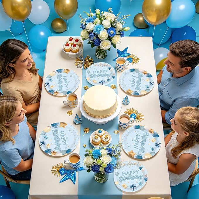 96 Pcs Light Blue Birthday Decorations Happy Birthday Plates and Napkins Disposable Tableware Set Blue Gold Decorations for Baby Boys Girls Women Men Party Supplies Serves 24