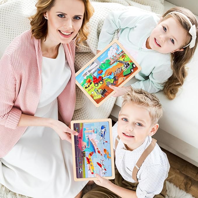 Wooden Educational Jigsaw Puzzles for Preschool Kids Ages 3-5, 4-Pack with 20 Pieces Transportation Wood Puzzles Set, Toddler Brain Teaser Toys, Preschool Gifts for Boys Girls Ages 3 4 5 6