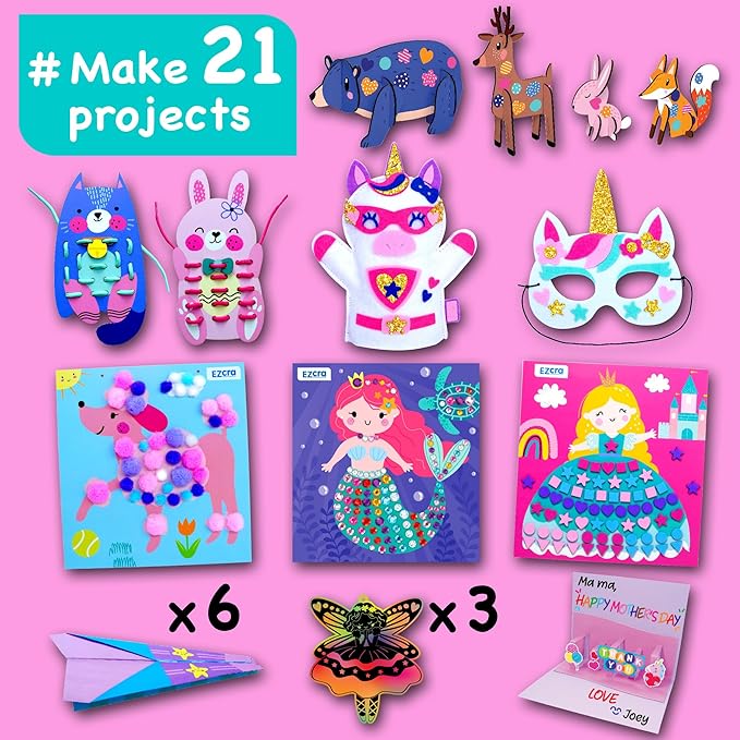 EZCRA Unicorn Craft Kits for Kids Ages 4-8 – 21 Projects in 1 Craft Box for Kids – All Inclusive No Mess Arts and Crafts Kit, Educational Activity Box for Girls