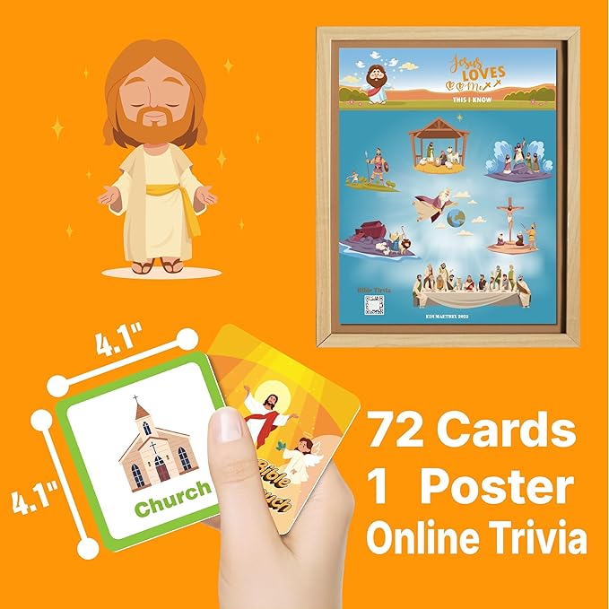 72 (36 Pairs) Bible Trivia Memory Matching Game with Poster and Online Trivia Language Learning Games for ESL and Language Immersion