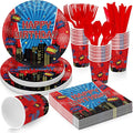 Cartoon Spider Birthday Party Supplies for Kids Child Themed Birthday Party，Red Blue Superhero Theme Party Decorations Disposable Tableware Set With Plates, Cups, Napkins & Cutlery for 24 Guests