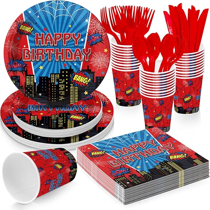 Cartoon Spider Birthday Party Supplies for Kids Child Themed Birthday Party，Red Blue Superhero Theme Party Decorations Disposable Tableware Set With Plates, Cups, Napkins & Cutlery for 24 Guests