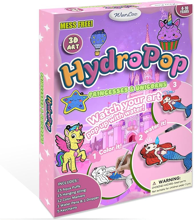 WurLoo Aqua Puffs 3D Art Kit for Kids, Mess-Free Paint by Number Crafts with Princesses & Unicorns, DIY Color & Inflate Activity, Travel Toys & Creative Gifts for Girls Ages 4, 5, 6, 7, 8, 9, 10