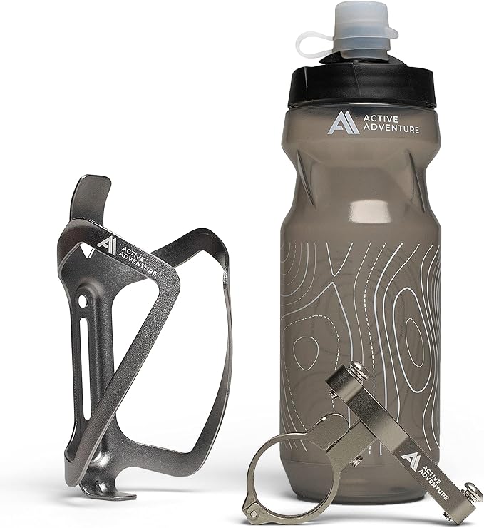 Bike Water Bottle Holder Combo - 20 Oz Squeeze Bottle & Bicycle Mount Cage Rack, No Screws Needed, Durable Alloy - Fits All Handlebar Bikes & MTB Mountain Road - for Adults, Kids (Gray)