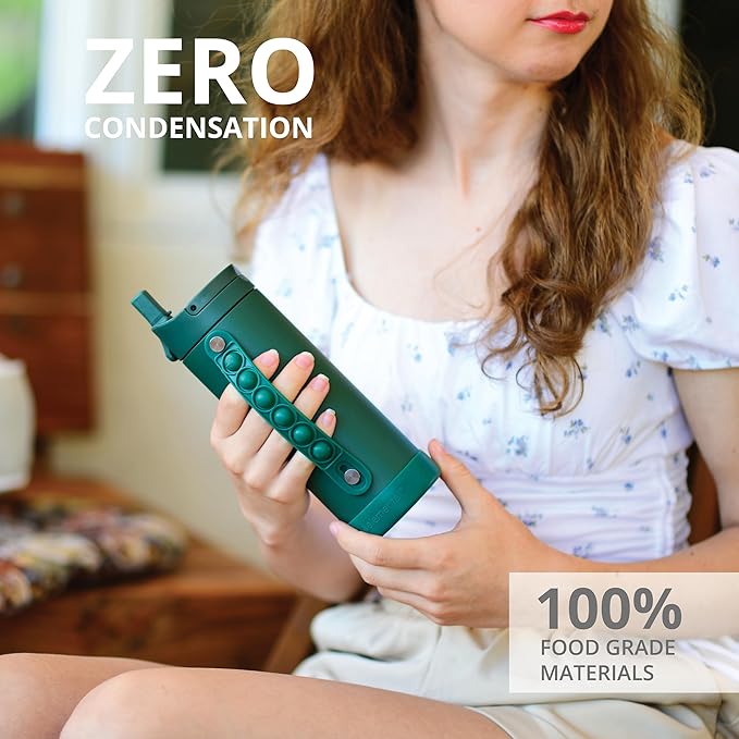 Elemental Iconic Kids Water Bottle for School - 100% Leak-Proof Insulated Water Bottles with Straw Lid & Pop-It Handle for Boys & Girls - Triple-Wall Insulated & BPA-Free, 14oz –Forest Green