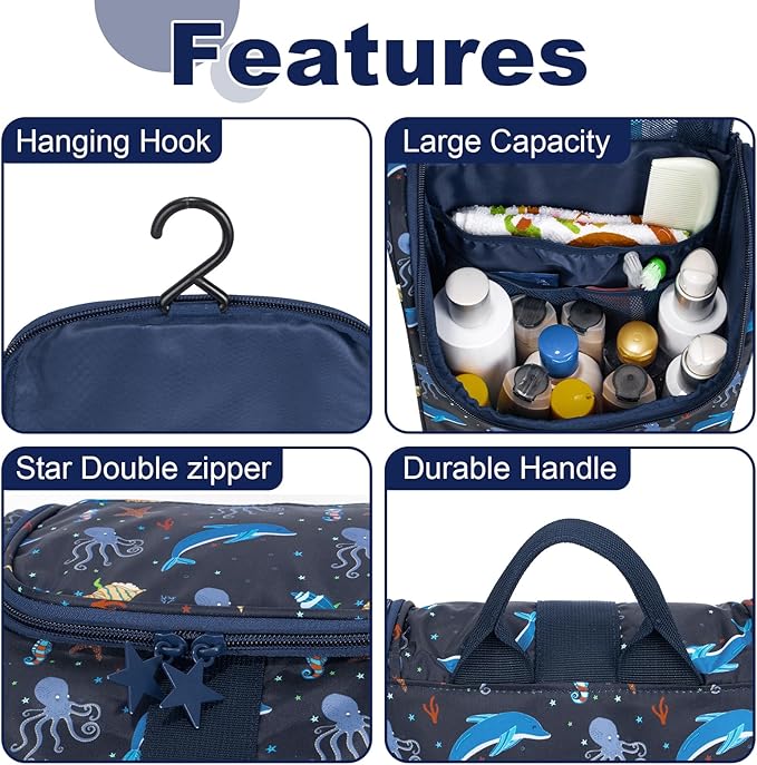 Remobia Hicol Cute Cartoon Hanging Kids Toiletry Bag Children Travel Cosmetic Makeup Organizer Wash Bag Shower bag Over Night Bag Camping Shaving Kit Bag for Boys & Girls (Sea World)