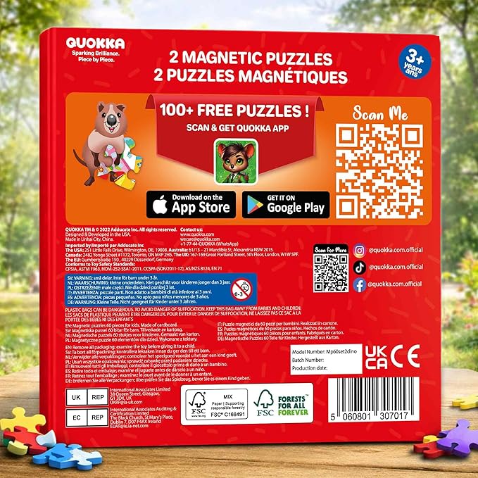 QUOKKA Magnetic Puzzles for Toddlers 3-5 – Search & Find 2 Pack, 60 Pieces Each – Travel Friendly Board with Hidden Objects, Construction and Dinosaur Scenes – Educational Puzzle Gift for 3 Year Olds