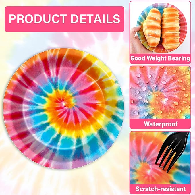 48Pcs Tie Dye Paper Plates and Napkins Rainbow Tie Party Decorations Dye Birthday Party Supplies Colorful Disposable Dinnerware Tableware for Adult Kids Girls Boys Hippie Baby Shower Serves 24