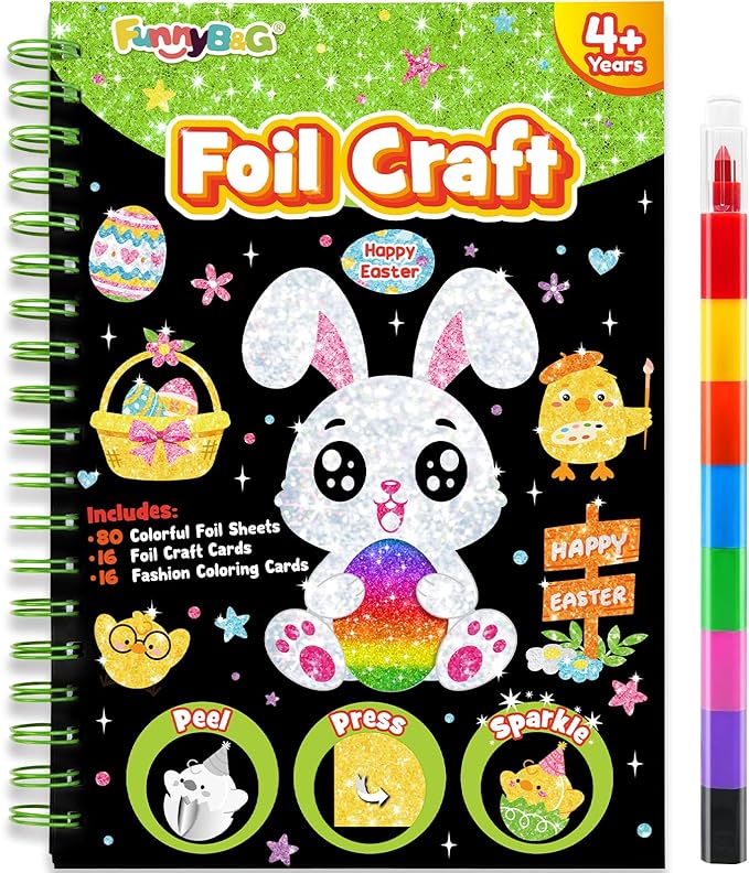 FUNNYB&G Foil Art Crafts for Kids Ages 4-8: Easter Basket Stuffers Essentials for Kids 2026, Easter Gifts for Kids, Crafts Supplies,Party Favors,Creative Toys for Kids 4 5 6 7 8 Years Old(Easter)