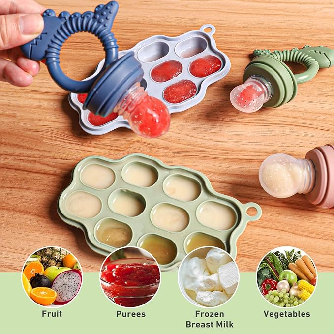 Baby Breastmilk Popsicle Molds & Fruit Feeder Pacifier, Silicone Baby Food Freezer Tray Storage Containers for Infant Teething Self Feeding