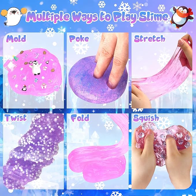 Penguin Slime Kit 10oz, Big Clear Slime Bucket with Cute Charms, Soft Non-Sticky Pink Slime Sensory Toys, Goodie Bag Stuffers Party Favors Birthday Gifts for Boys Girls Ages 4-12
