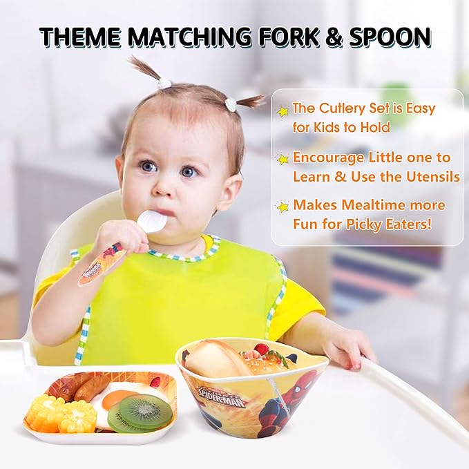 4 Pcs Set Cartoon Durable Tableware Meal Dishes Mealtime Food Feeding Eating Set includes Dinner Serving Bowl Plate Cup with a Matching Spoon and Fork