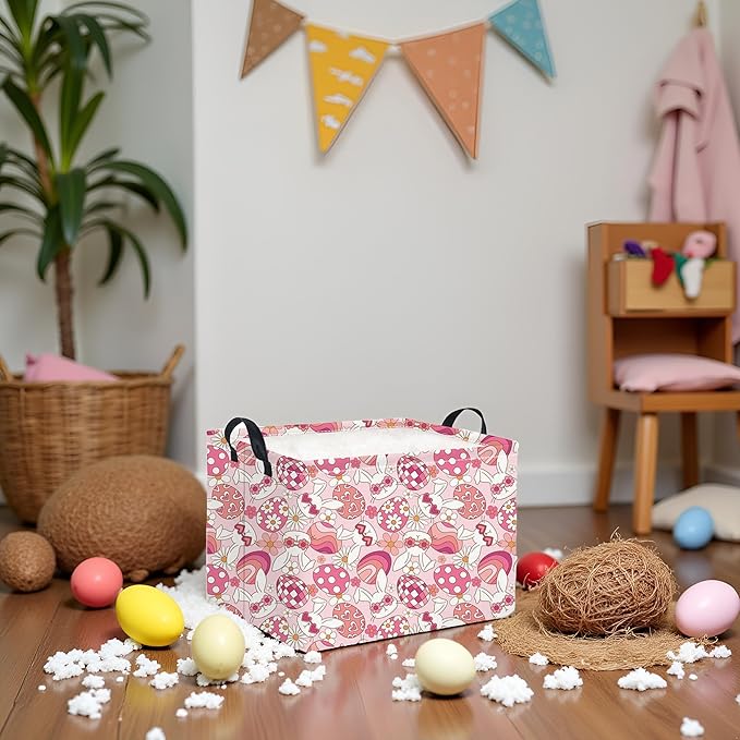 HIYAGON Rectangular Easter Basket Pink Bunny Easter Basket for Kids Gift Basket Empty Baby Girl Storage Baskets Toy Basket Cute Storage Bin Organizer Box Bunny Room Decor for Books(Pink Bunny)