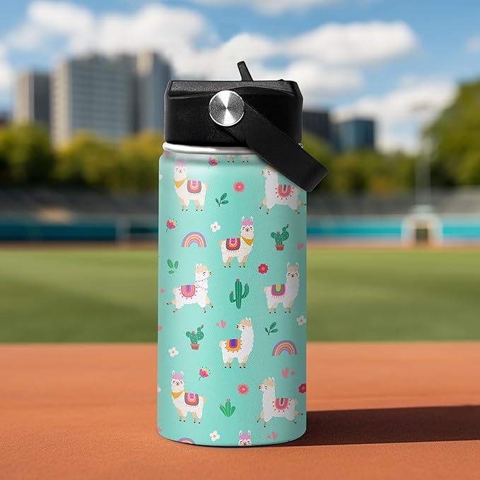 Kids Water Bottle Alpaca Llama Water Bottles 12oz with Straw Insulated Stainless Steel Travel School Tumbler Double Wall Vacuum Cup for Girls Kid