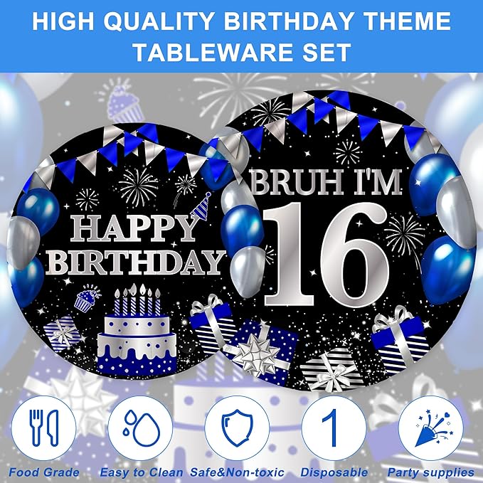 120PCS 16th Birthday Decorations for Boys 16 Years Old Birthday Decorations Sweet 16 Plates Napkins Tablecloth for Boys Girls 16th Birthday Party Supplies