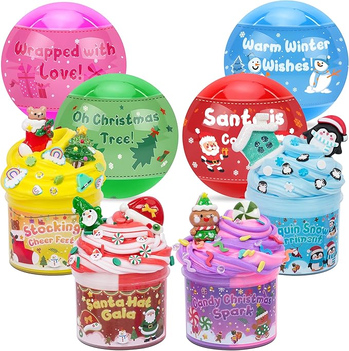 4 Pack Christmas Slime Balls with Charms, Christmas Stocking Stuffers for Kids, DIY Butter Slimes Sensory Toys, Slime Party Favors for Girls Boys, Halloween Xmas Gifts for Girls & Boys Kids Ages 4-12